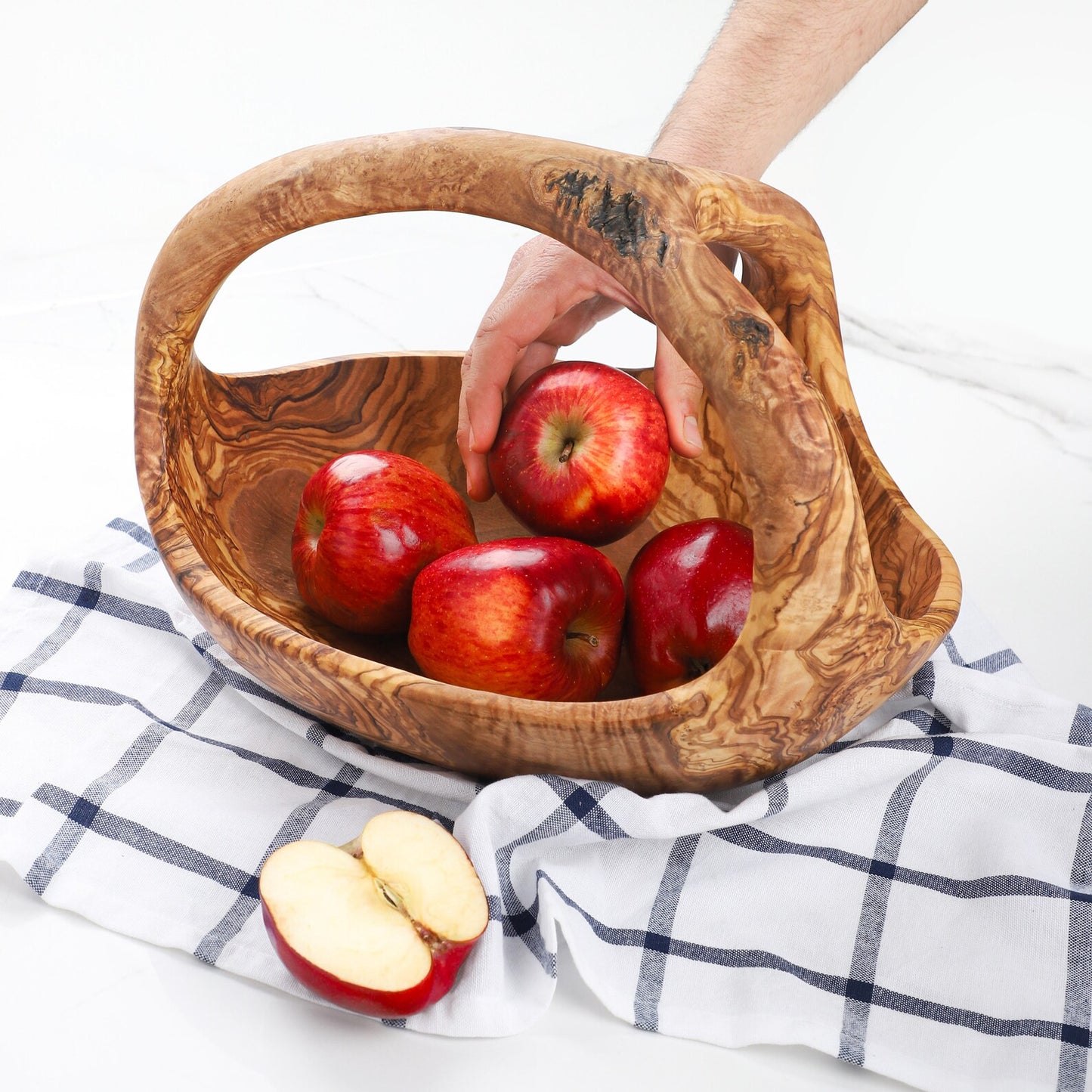 Obstkorb aus Oliveholz mit Holzgriff, Korb Obstschale, Hochwertig