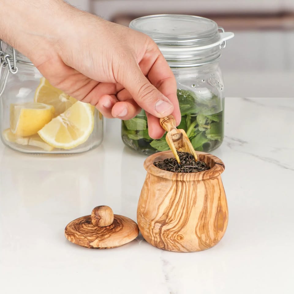 Set mit 3 Holzgewürzgläsern und Holzdeckeln, Küchenutensilien, Hochwertig