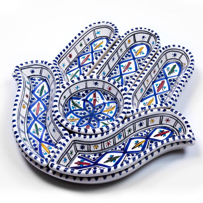 Handgemachte Hamsa Teller-7 Teller in 1-Servierplatte-Chip und Dip Set-Perfekte - Handgefertigt Schweiz | Mediterranean Art - Handgefertigt Schweiz | Mediterranean Art - Handgefertigt Schweiz | Mediterranean Art Olivenholz handgefertigt Schweiz - Bild 1
