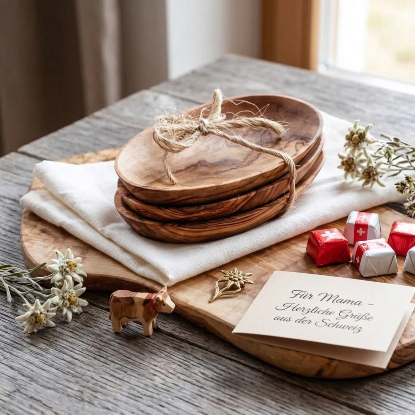 Set mit 3 kleinen handgefertigten Holzschalen aus Massivholz – perfekt als Geschenk für Mama