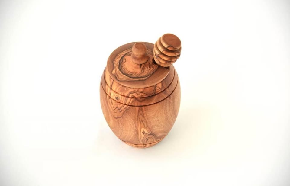 Honigtopf mit Honiglöffel aus Olivenholz – rustikales, handgefertigtes Hochzeitsgeschenk
