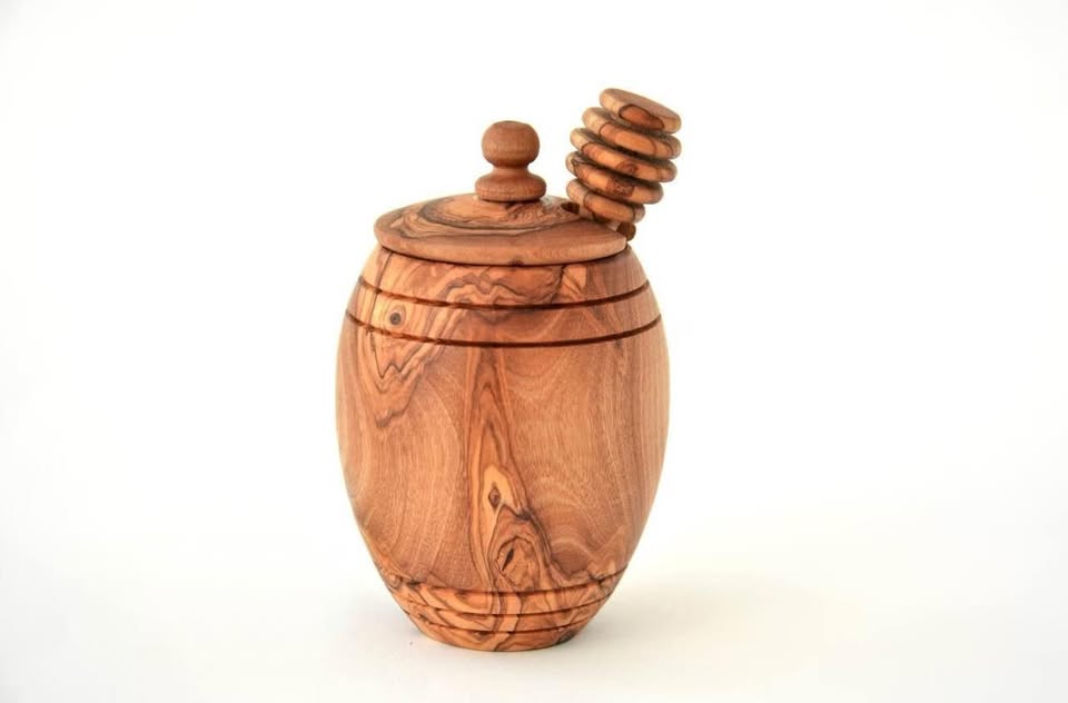 Honigtopf mit Honiglöffel aus Olivenholz – rustikales, handgefertigtes Hochzeitsgeschenk