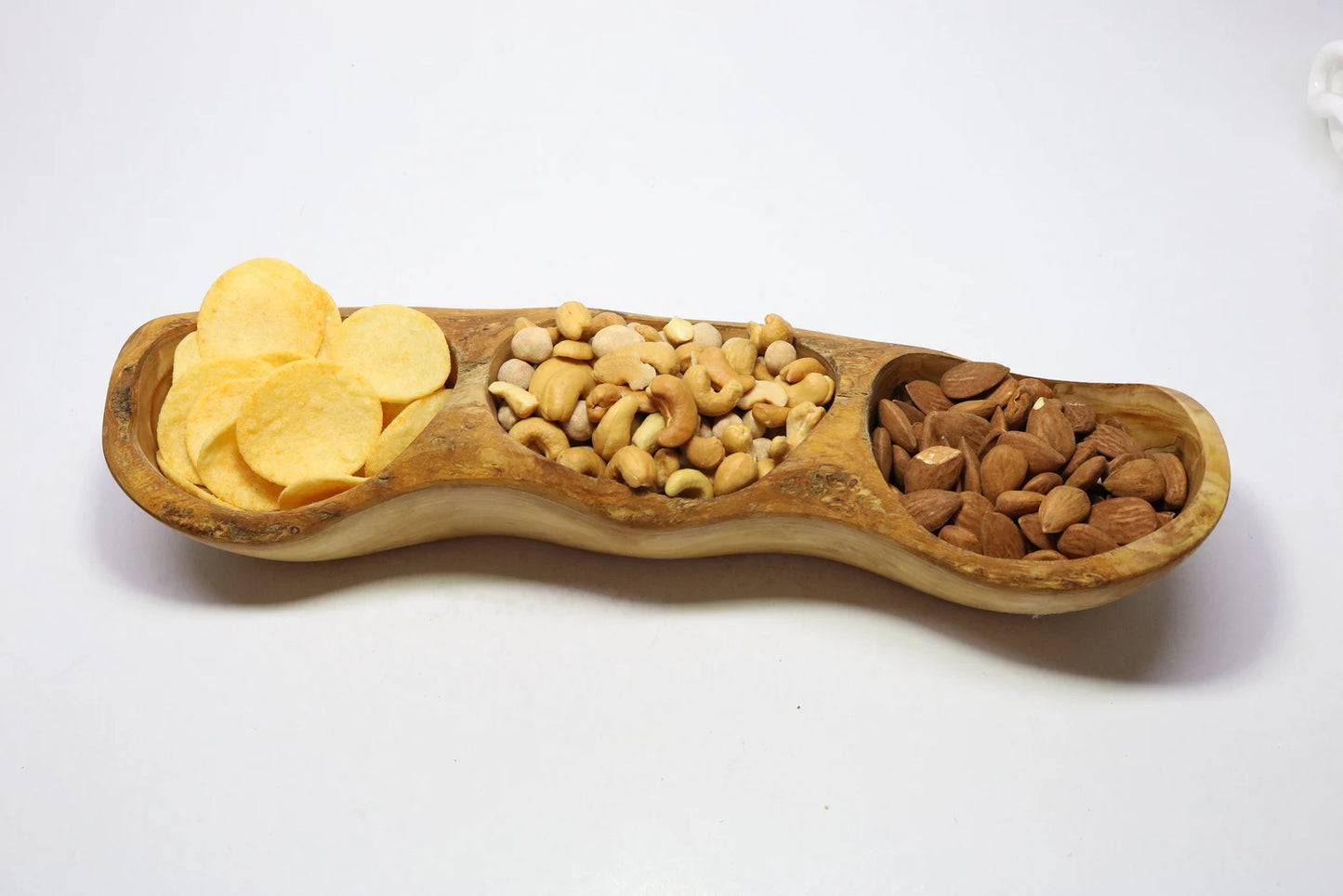 Servierschale aus Olivenholz, handgeschnitzte Schale, 3-teilige Platte