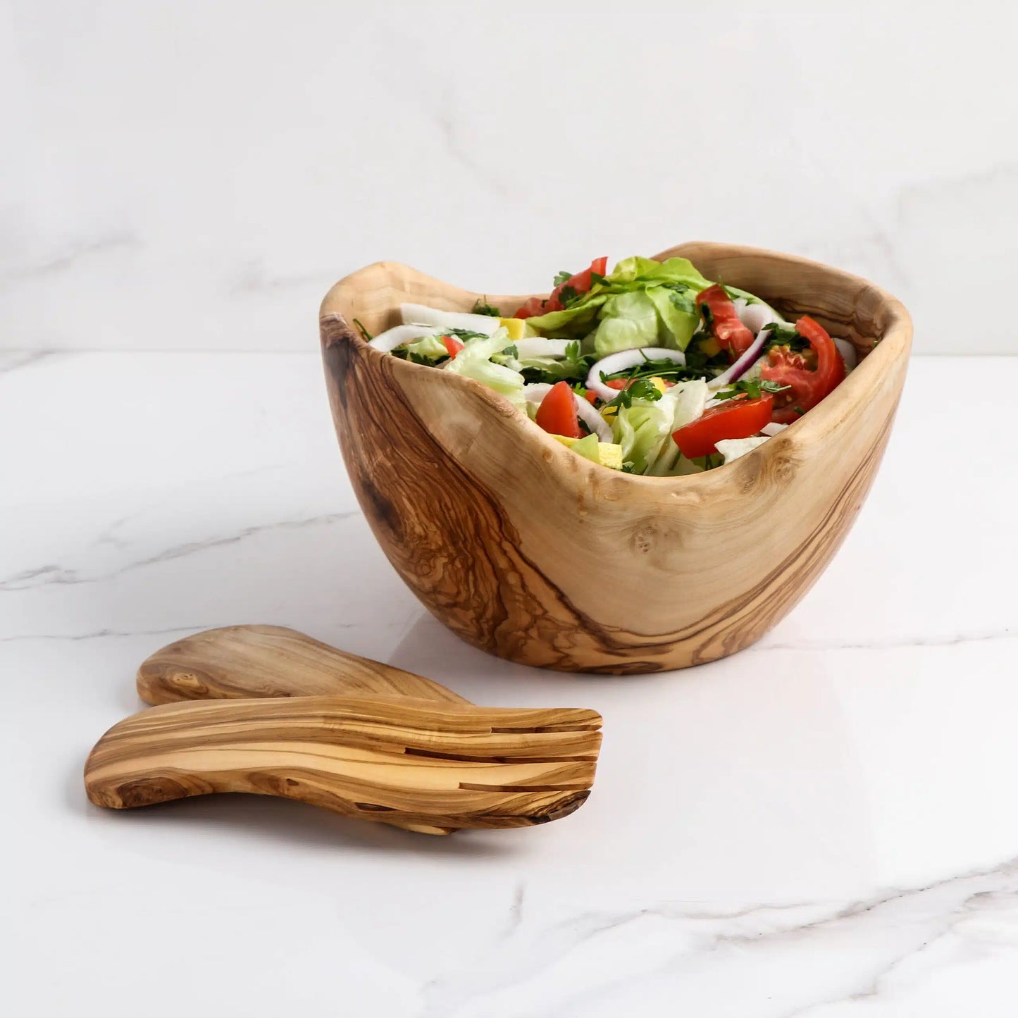 Salatschüssel aus Olivenholz mit Besteck, 18 cm – handgefertigt und nachhaltig