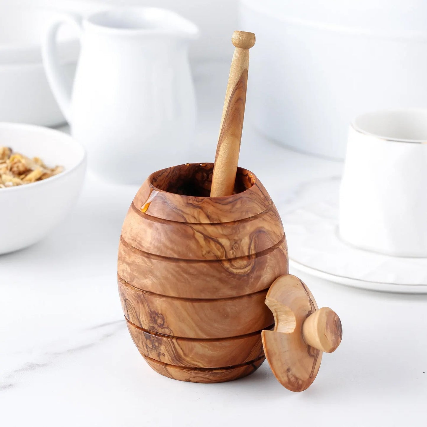Handgefertigter Honigtopf aus Olivenholz mit Honiglöffel – ca. 10 cm, rustikaler Honigbehälter