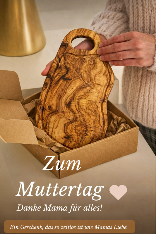 Olivenholz Schneidebrett als Muttertagsgeschenk – handgefertigt, verpackt in Geschenkbox