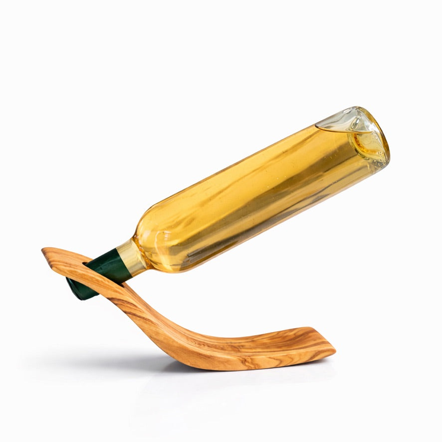 Moderner Olivenholz-Weinflaschenhalter mit schwebender Balance-Optik für eine Weinflasche