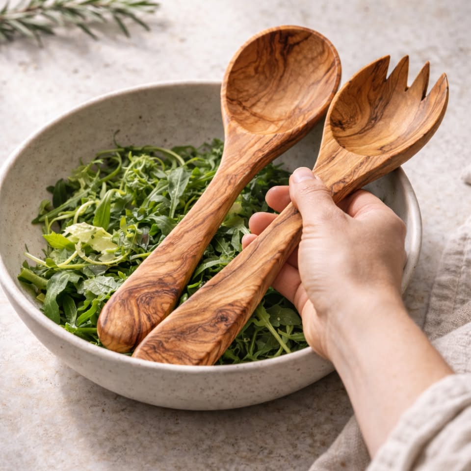 Elegantes Salatbesteck Set aus Olivenholz 30 cm – handgefertigtes Küchenutensil mit natürlicher Holzstruktur