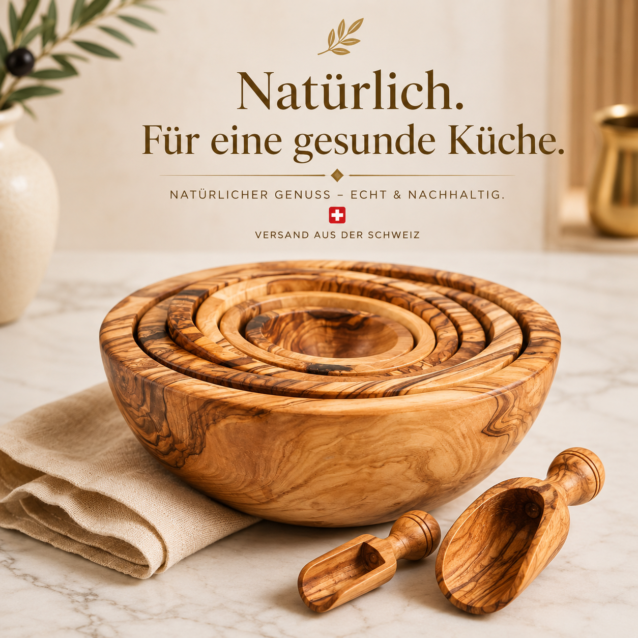 Natürliches Olivenholz-Schalenset handgefertigt in Tunesien und veredelt für den Schweizer Markt