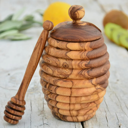 handgefertigter Honigtopf aus echtem mediterranem Olivenholz