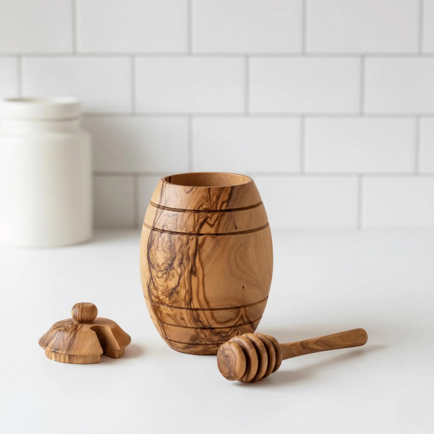 Handgefertigter Honigtopf aus Olivenholz mit Deckel und Honiglöffel