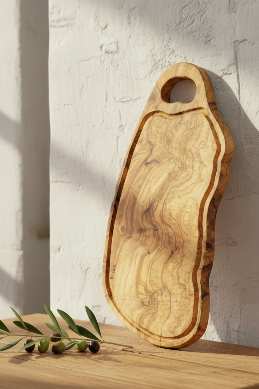 Exklusives Servierbrett aus Olivenholz 40 cm mit handgeschnitztem Griff, präsentiert mit Käse, Brot und Trauben – edles Naturprodukt mit einzigartiger Maserung, perfekt für stilvolle Küchen und besondere Geschenke in der Schweiz