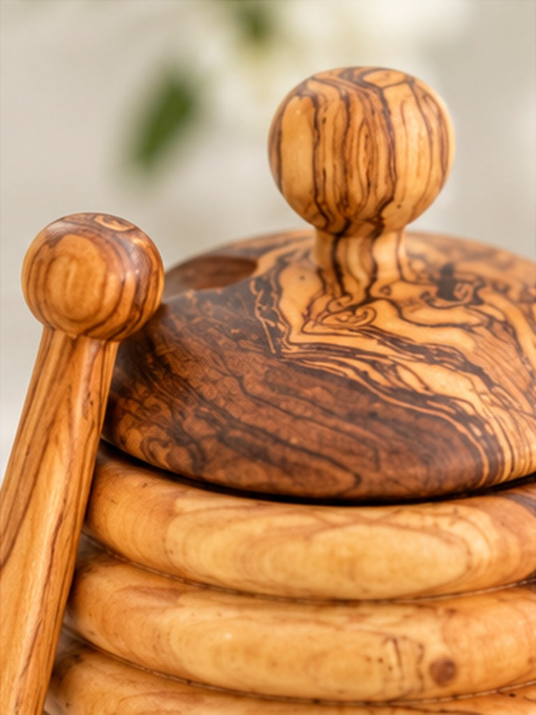 Geöffneter Honigbehälter aus Olivenholz mit abgenommenem Deckel und passendem Honiglöffel, Ansicht auf das Innere des Holzgefässes.