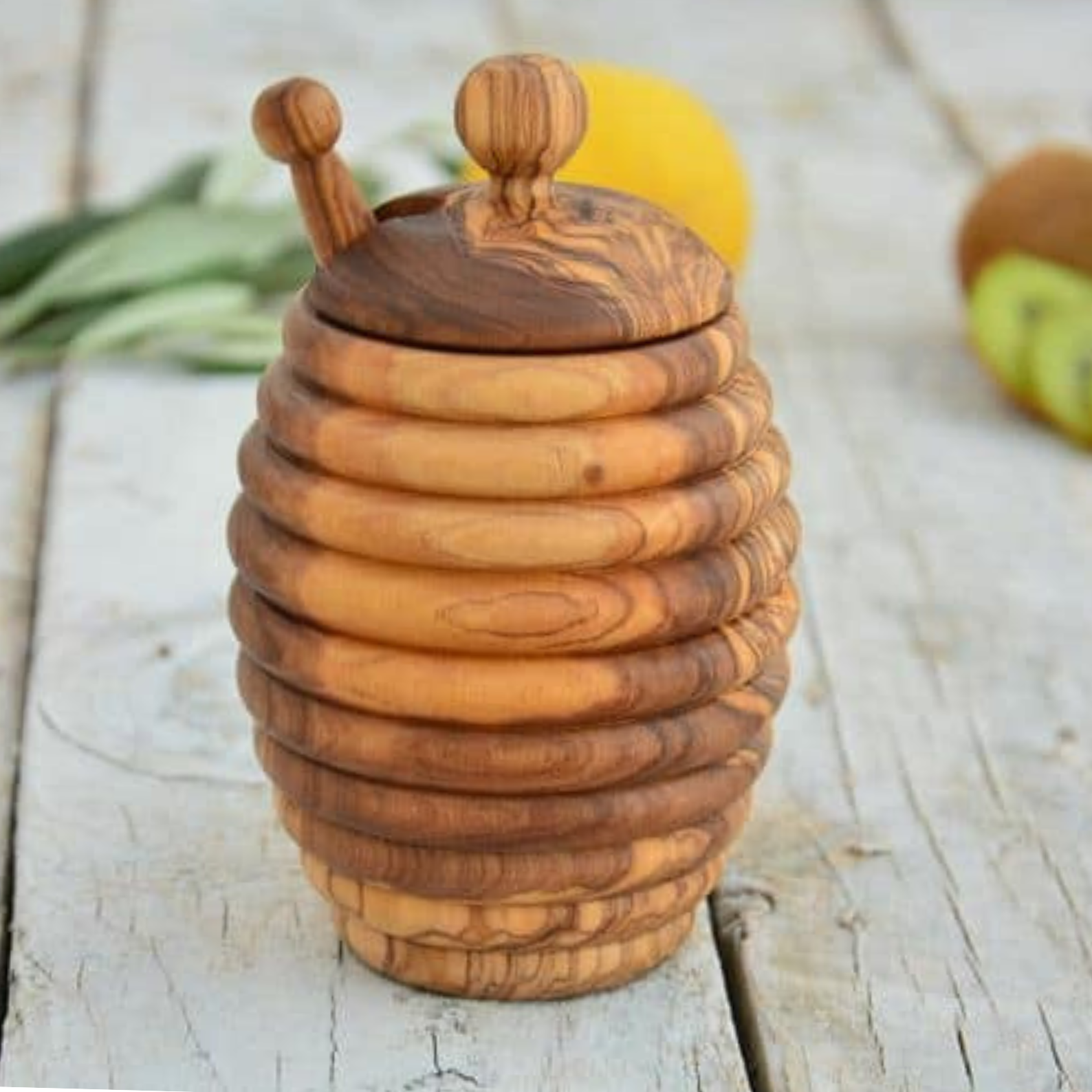 Honigtopf aus Olivenholz mit Honiglöffel – Handgemacht