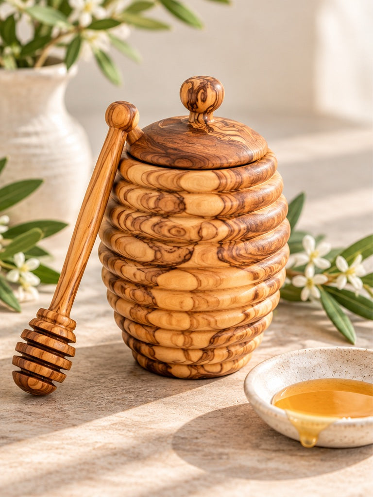 Handgefertigter Honigtopf aus Olivenholz mit passendem Honiglöffel, natürlicher Holzmaserung und Honigschale in heller mediterraner Umgebung.