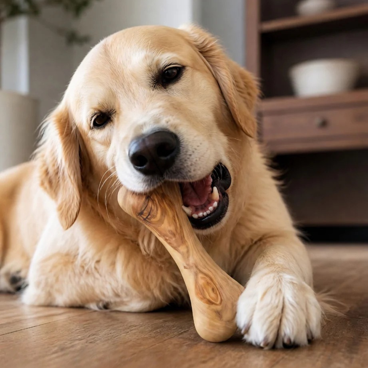 Natürliches Hundespielzeug aus Olivenholz – robust, nachhaltig und plastikfrei, Hund kaut auf Holz Knochen