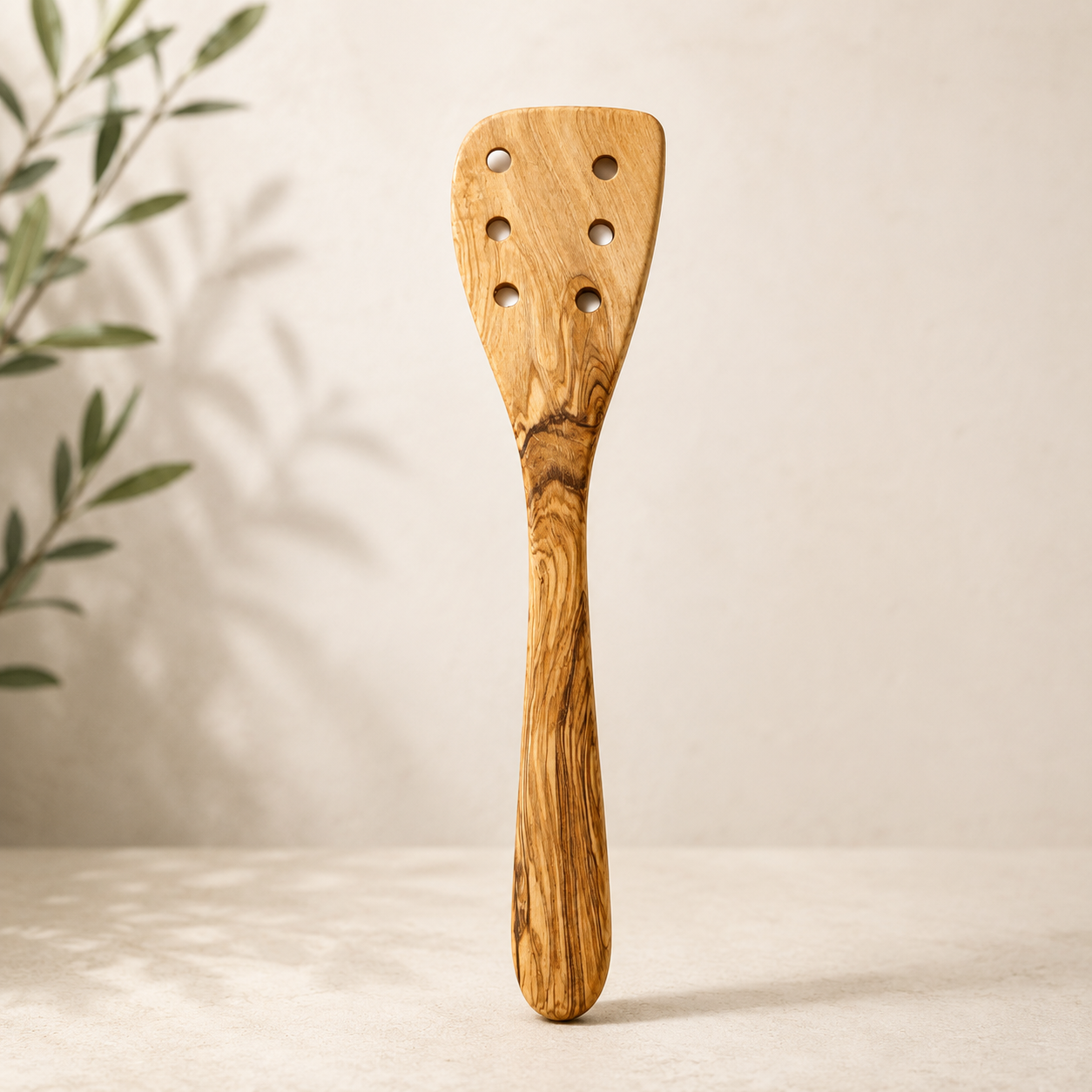 Handgefertigter Olivenholzspatel mit Löchern, 30 cm, aus mediterranem Olivenholz mit natürlicher Maserung