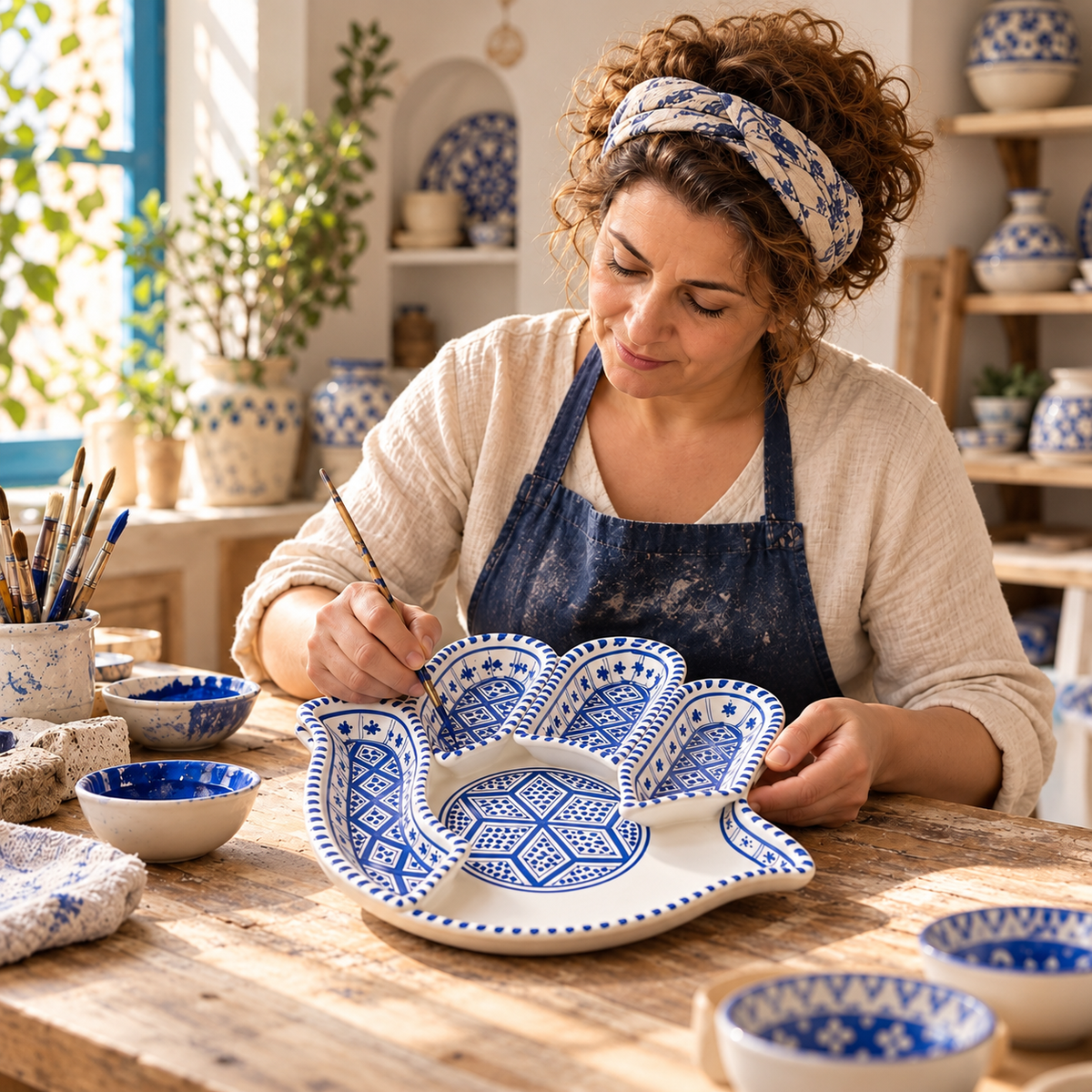 Kunsthandwerkerin beim Bemalen einer Fatima-Hand aus Keramik in einer mediterranen Werkstatt in Tunesien.