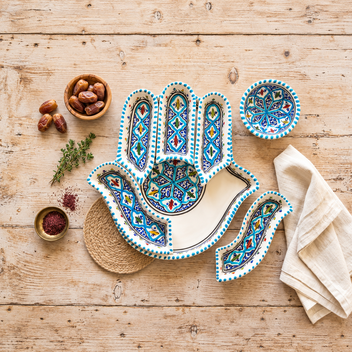 Handbemalte Fatima-Hand aus Keramik, dekoriert mit Pralinen und kleinen Geschenken – eine elegante Geschenkidee