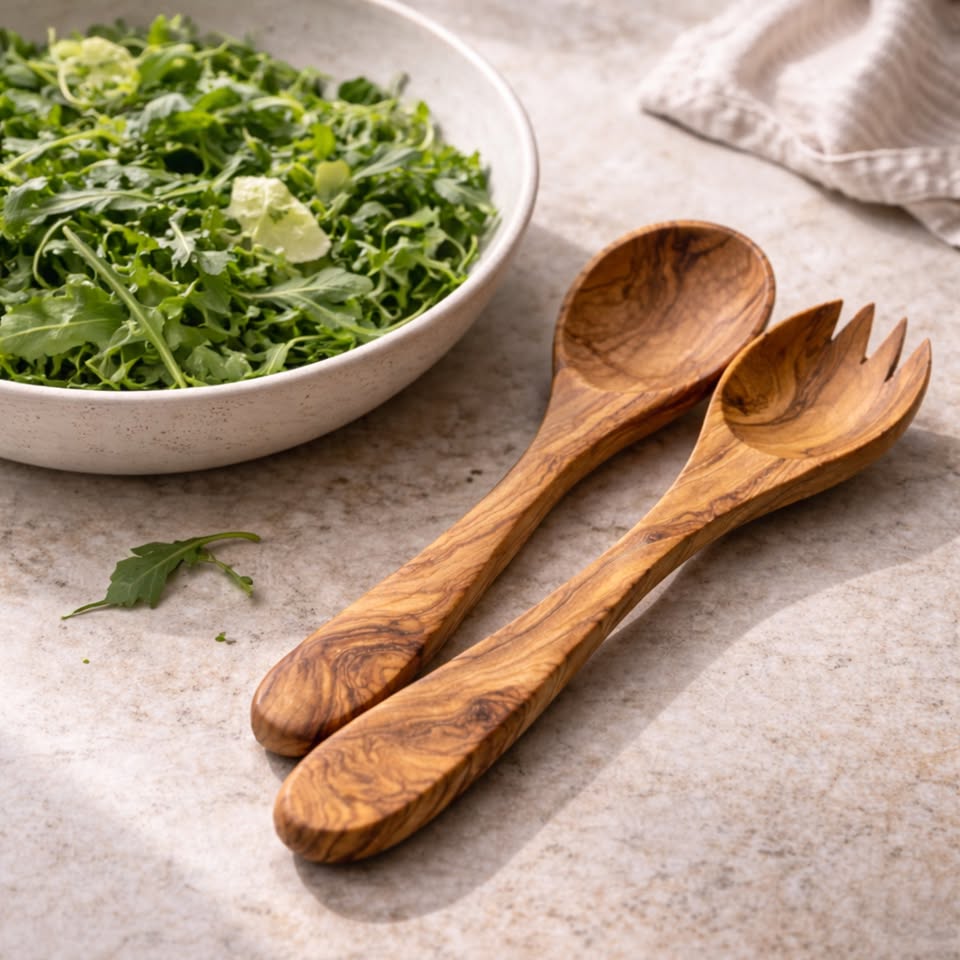Salatlöffel und Salatgabel aus massivem Olivenholz mit natürlicher Maserung – nachhaltiges Küchenbesteck