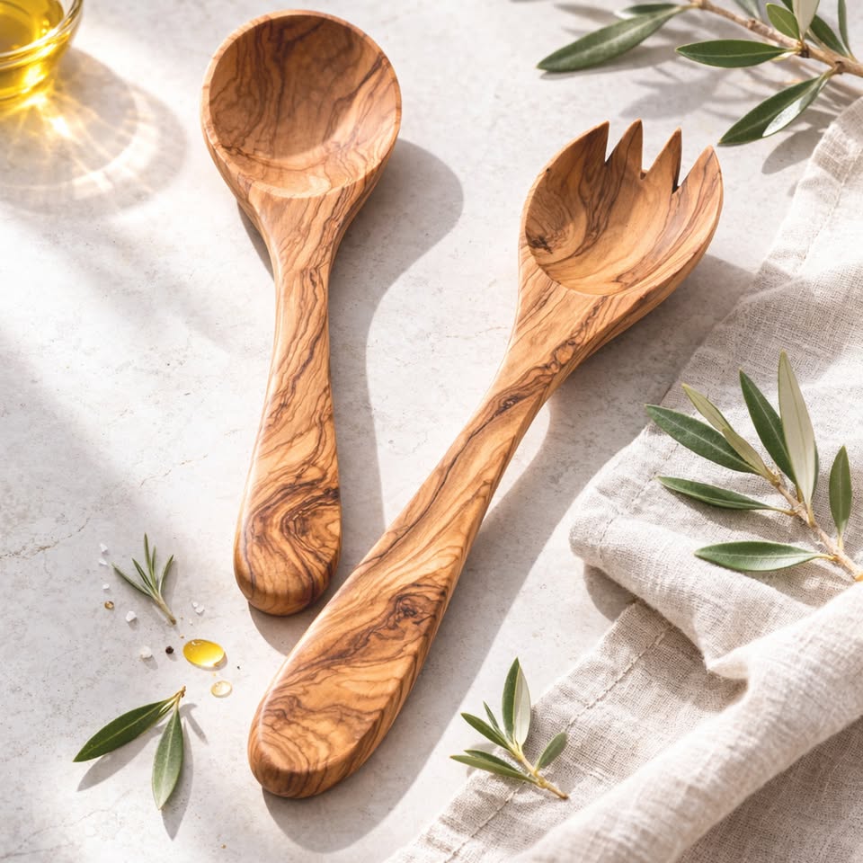Handgefertigtes Salatbesteck aus Olivenholz 30 cm – hochwertiges 2er-Set für Salat und Servieren