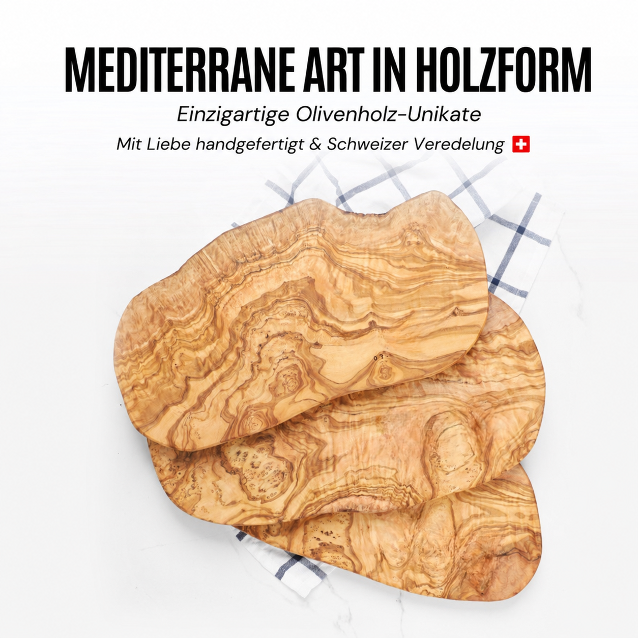 Elegantes Apéro- und Servierbrett aus massivem Olivenholz mit natürlicher Maserung für stilvolle Schweizer Tischkultur.