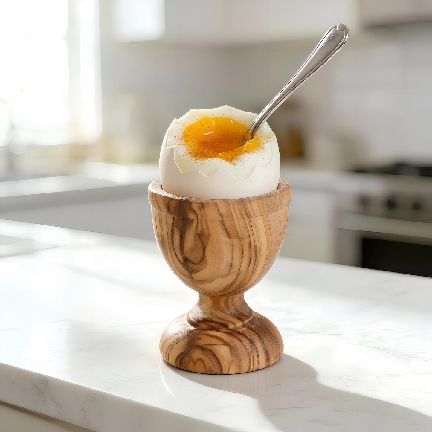 Olivenholz Eierbecher mit gekochtem Ei, rustikales Frühstücks-Setting
