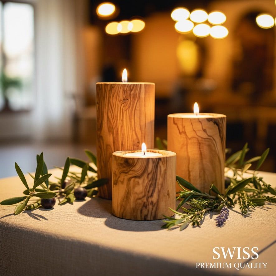 Set aus drei zylindrischen Olivenholz Kerzenhaltern mit natürlicher Maserung und warmem Kerzenlicht