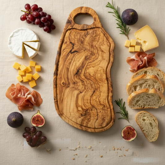 Handgefertigtes Olivenholz Schneidebrett 40 cm mit Griff, Servierbrett mit Käse, Brot und Trauben auf Tisch, natürliches Unikat aus massivem Olivenholz, ideal für Küche und Geschenk in der Schweiz