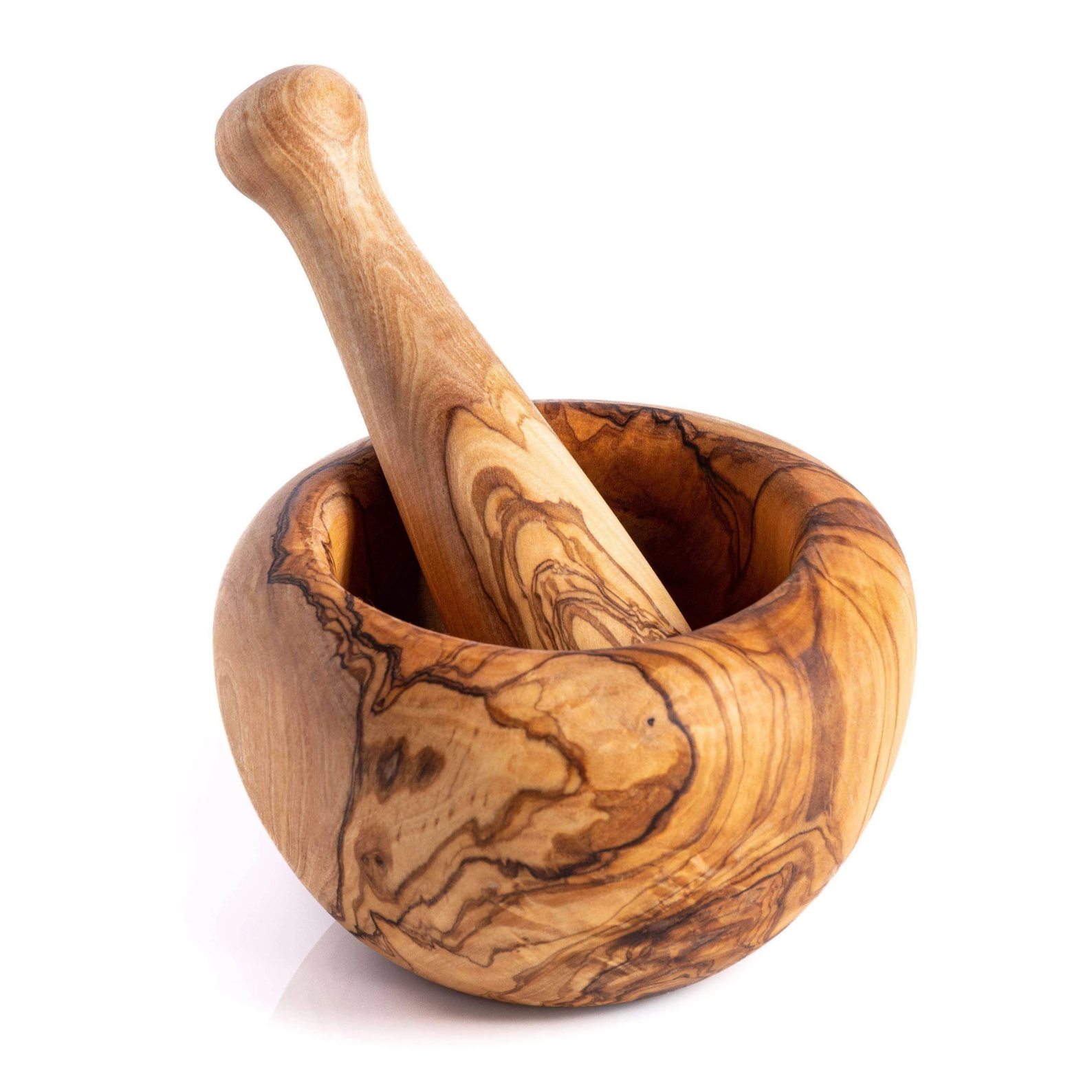 Handgefertigter Mörser und Stößel aus massivem Olivenholz zum Mahlen von Kräutern und Gewürzen