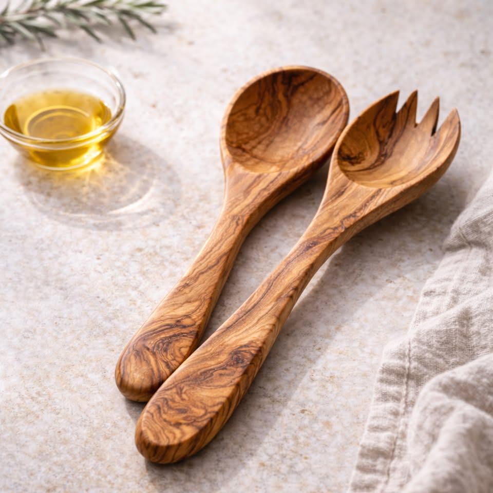 Handgefertigtes Salatbesteck aus Olivenholz – 2-teiliges Set mit Salatgabel und Salatlöffel, mediterranes Design, nachhaltig und einzigartig