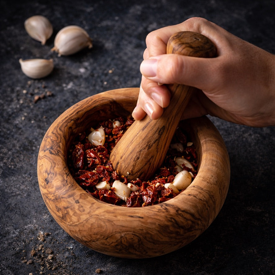 Rustikaler Olivenholz Mörser mit natürlicher Maserung zum Mahlen von Gewürzen
