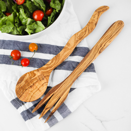 Salatbesteck handgefertigt aus Olivenholz, Salatbesteck-Set Holzsalatbesteck 30 cm