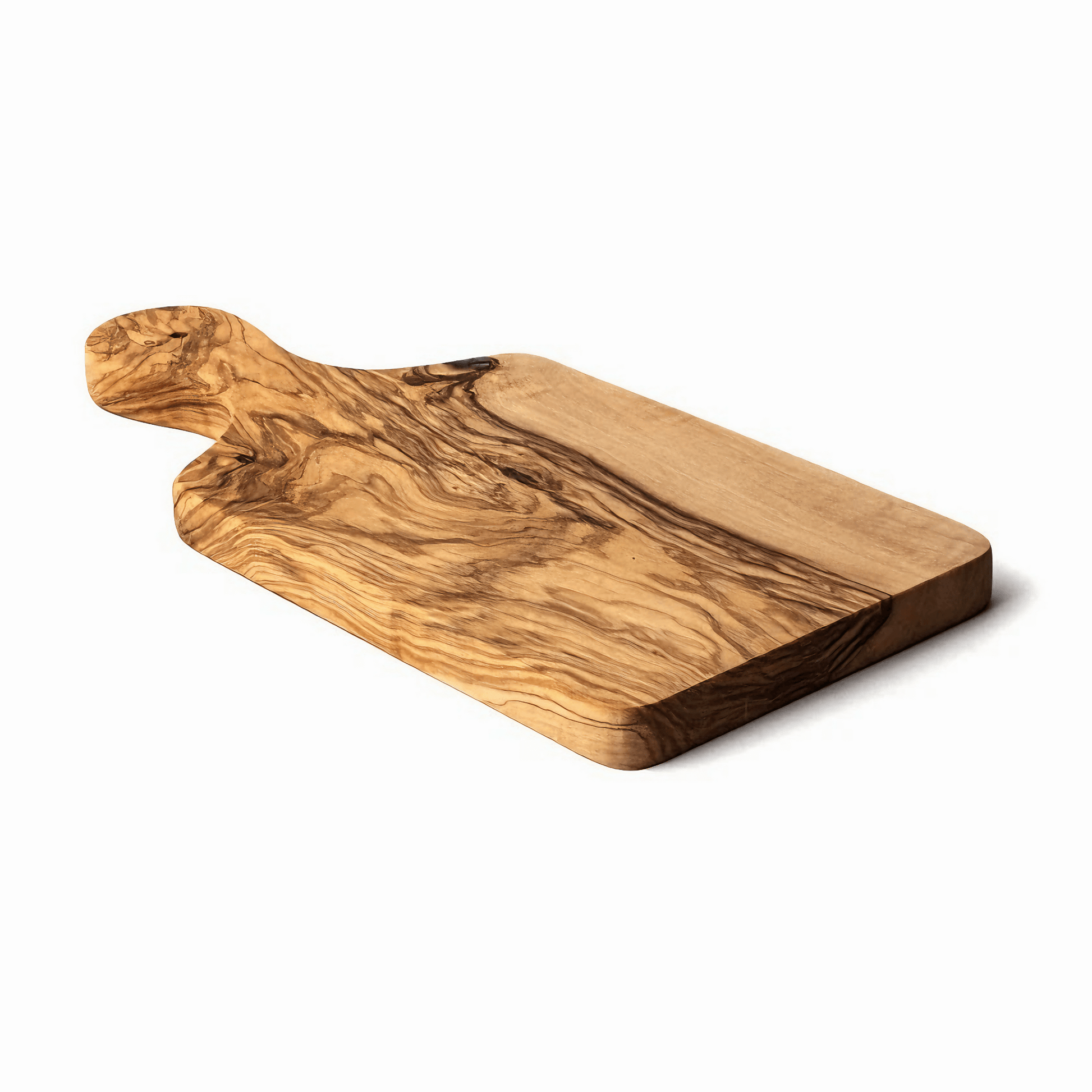 alt="Massives Schneidbrett aus Olivenholz mit Griff, ideal zum Schneiden und Servieren"