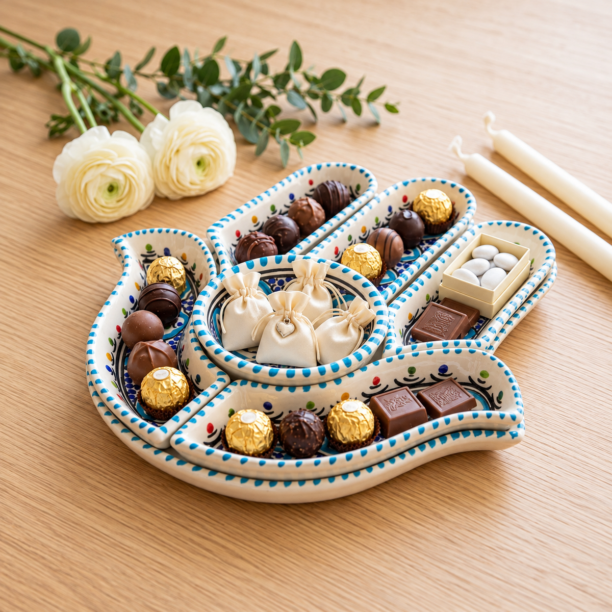 Handgefertigte Fatima-Hand aus tunesischer Keramik mit traditionellen blau-weissen Mustern und mediterranen Verzierungen.