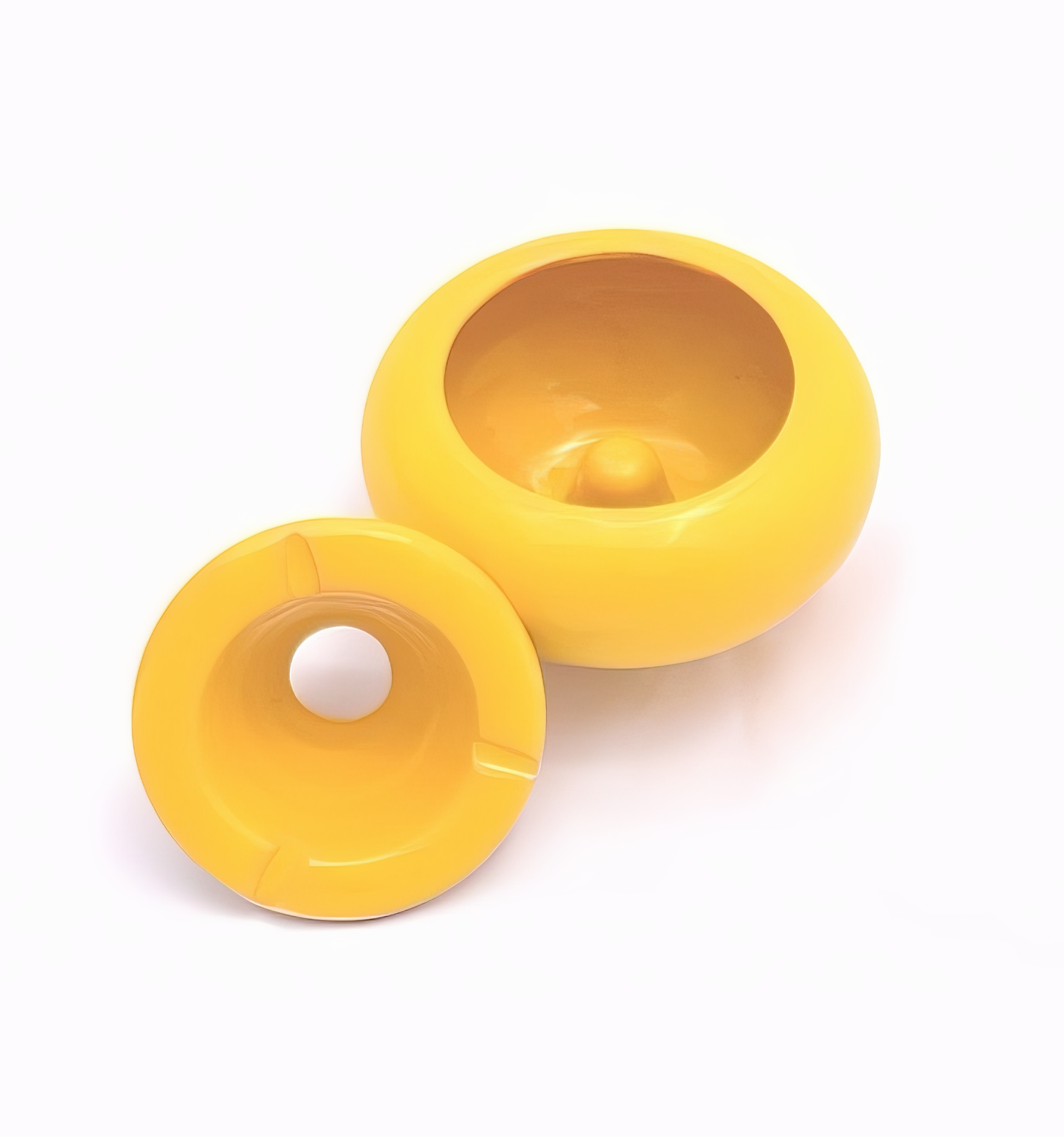 Zweiteiliger gelber Keramik-Aschenbecher mit Deckel und Basis, traditionelle tunesische Handarbeit.