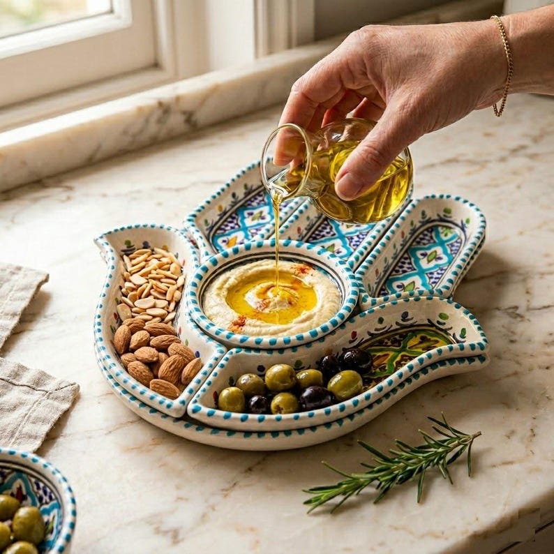 Traditionelle Fatima-Hand Servierschale mit Oliven, Hummus und mediterranen Spezialitäten auf einem gedeckten Tisch.