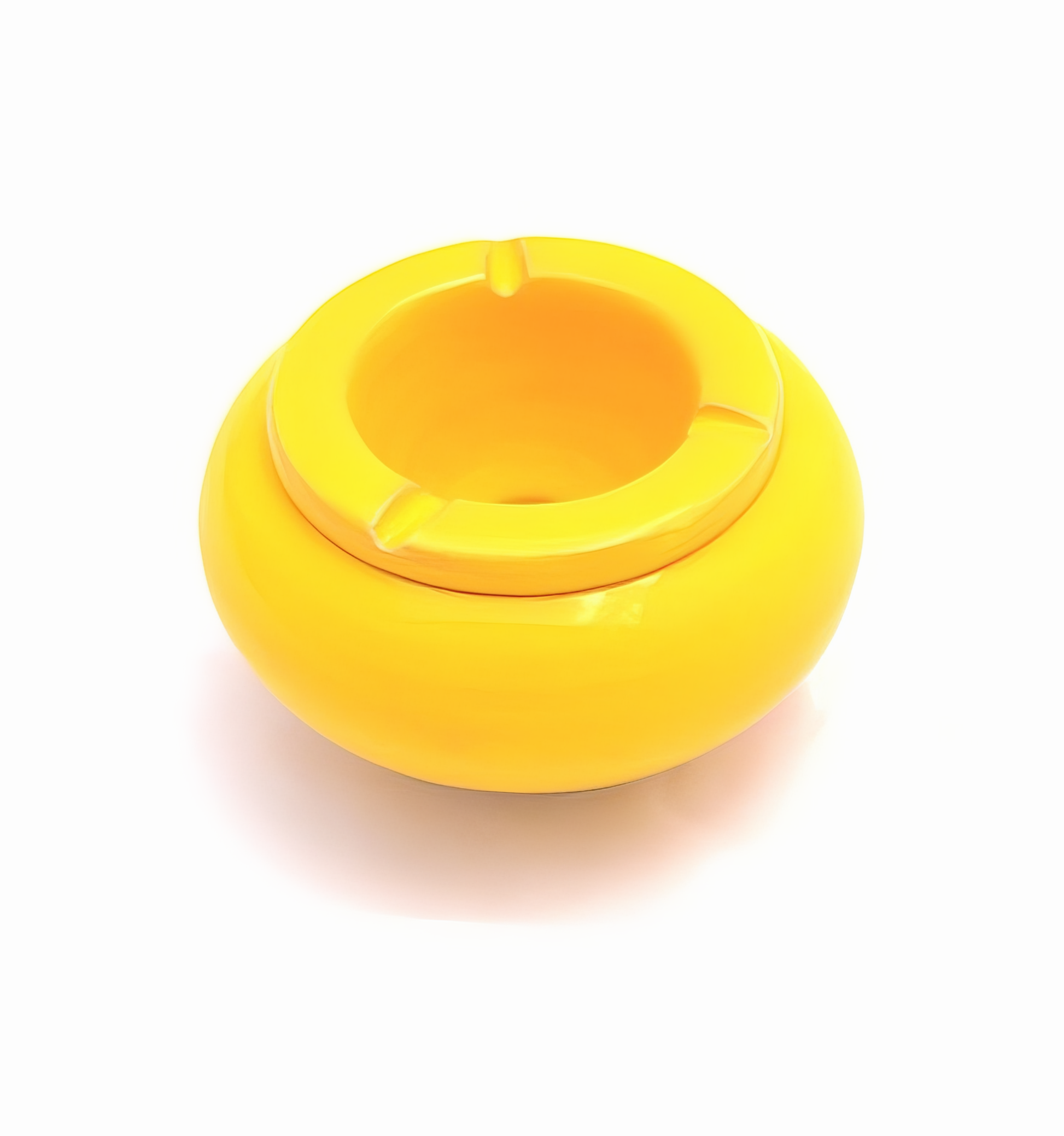 Glänzender gelber Keramik-Aschenbecher, zusammengesetzt, minimalistisches Design aus tunesischer Produktion.