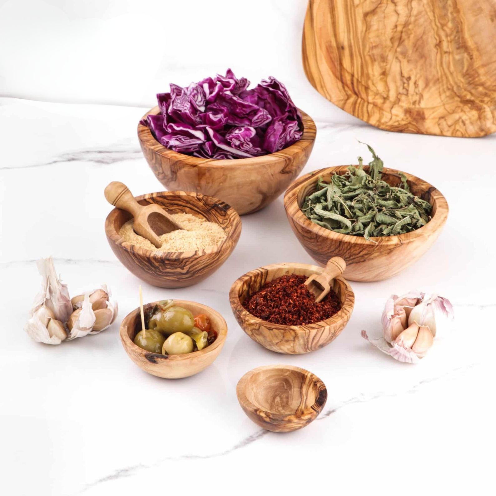 Sechsteiliges Holzschalen-Set aus natürlichem Olivenholz in Größen von klein bis mittelgroß – langlebig, robust und vielseitig einsetzbar