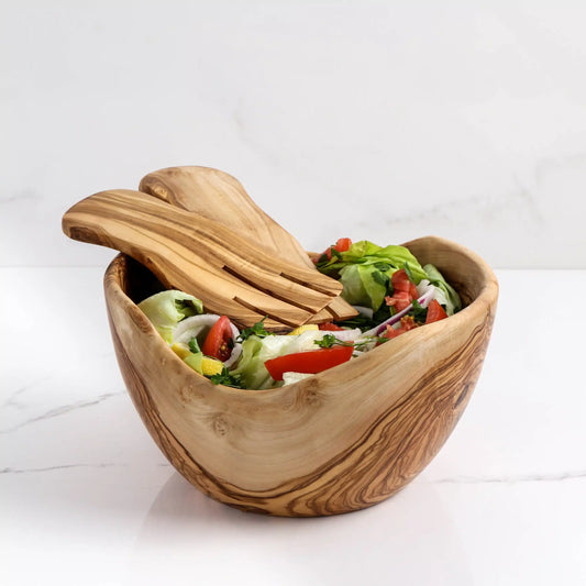 Salatschüssel aus Olivenholz mit Besteck, handgefertigte 18 cm, Nachhaltig