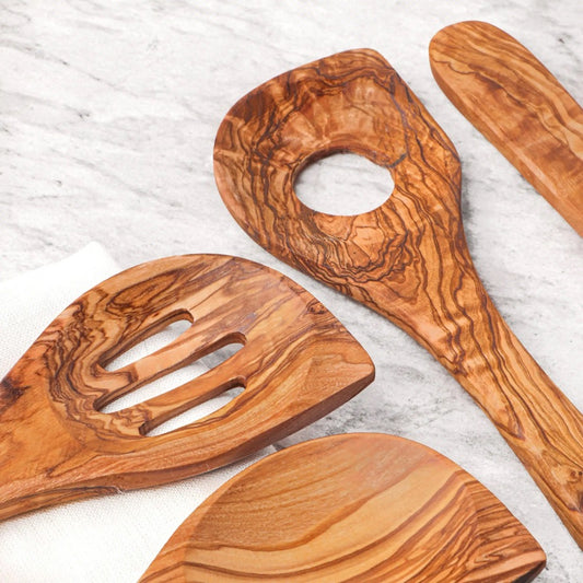 Handgefertigtes Kochlöffel-Set aus Olivenholz mit fünf Küchenhelfern à 30 cm