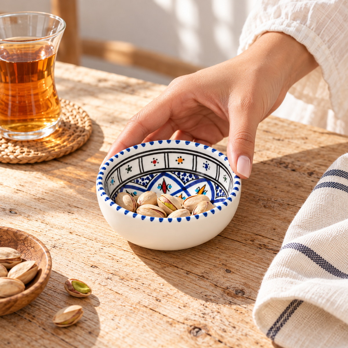 Mediterrane Keramikschale mit Mandeln und traditionellem blauem Muster, dekoriert auf einem hellen Holztisch mit Leinentuch.