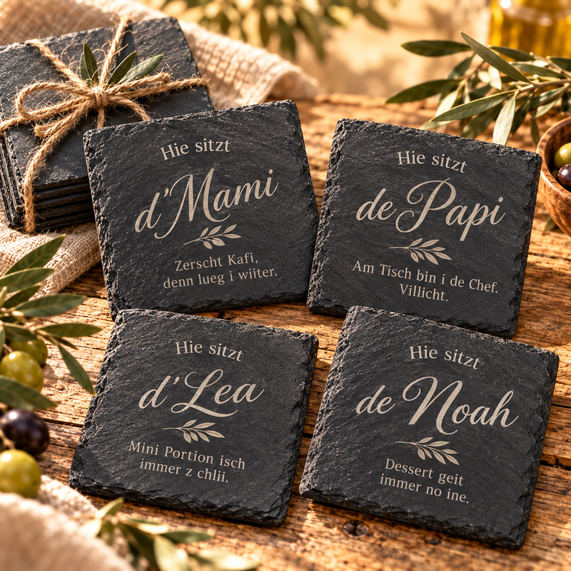 Design-Mockup: vier personalisierte Familien-Schieferuntersetzer