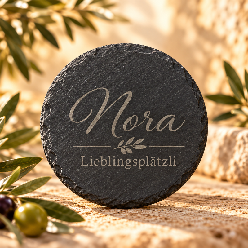Design-Mockup: runder Schieferuntersetzer mit Nora