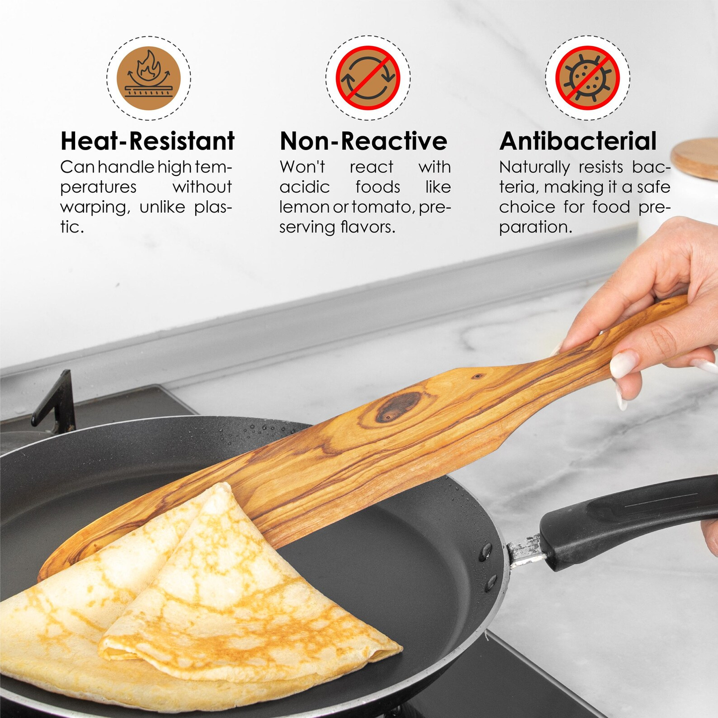 Schlanker Crêpe-Wender aus Olivenholz – schonend für Teflon- und Keramikbeschichtungen