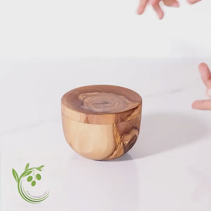 Video laden: Salzstreuer aus Olivenholz mit Deckel, natürliche Maserung, ideal zum Aufbewahren und Dosieren von Salz

