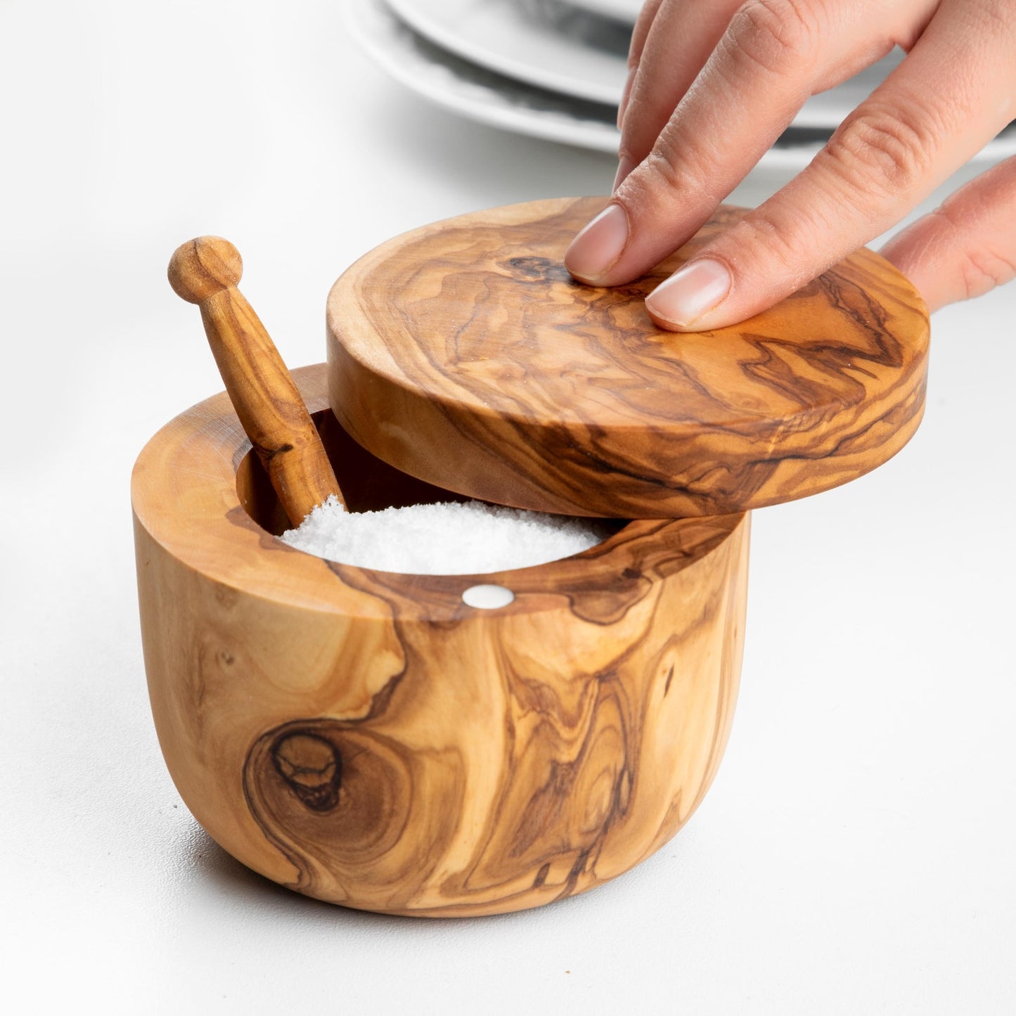 Salzstreuer aus Olivenholz mit Deckel, Salzbox, Salzbehälter aus Holz