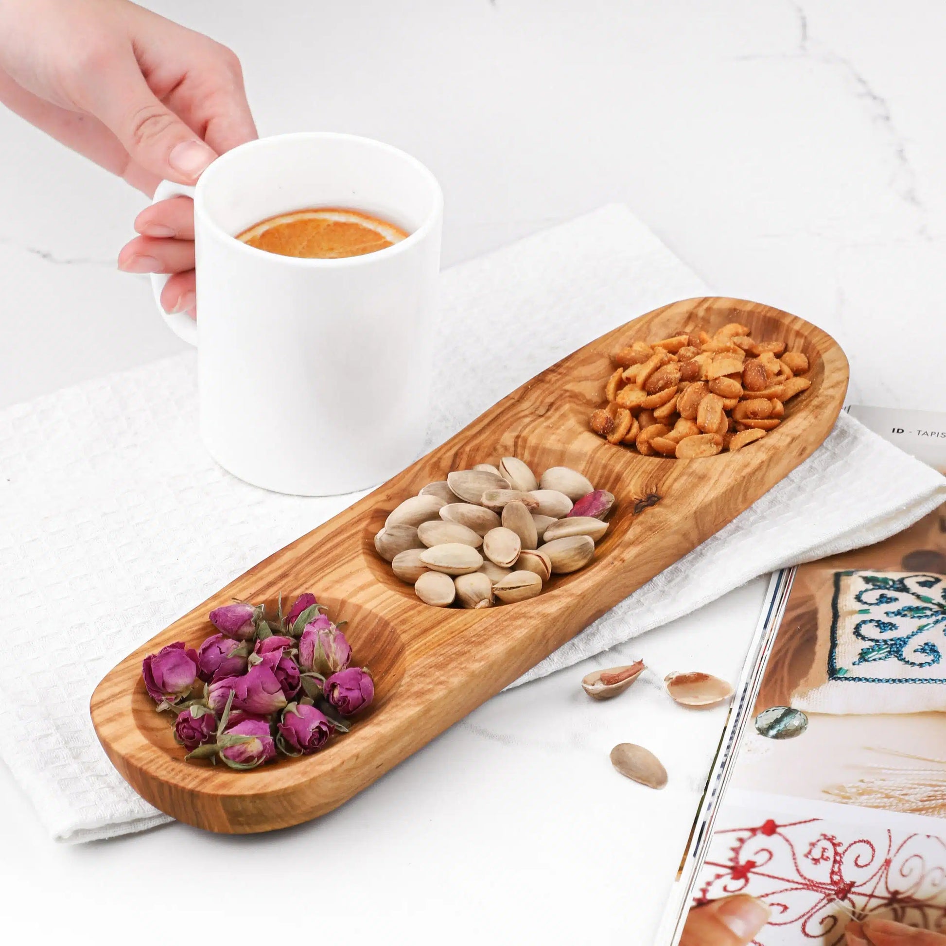 3-teilige handgeschnitzte Servierschale aus Olivenholz – für Snacks, Antipasti oder Dips

