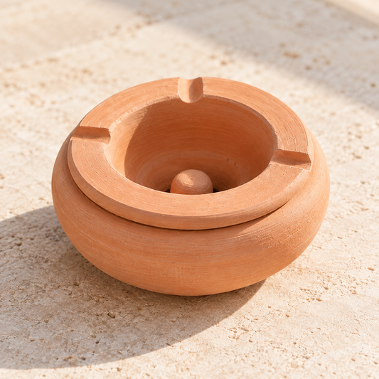 Handgedrehter Terrakotta Aschenbecher im marokkanischen Design aus Tunesien, rundes Modell mit drei Ablagen und natürlicher Tonoptik.