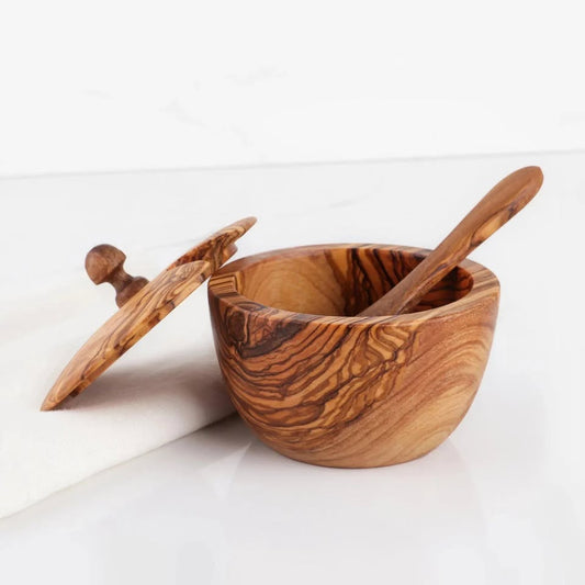 alt="Zuckerdose aus Olivenholz mit passendem Kaffeelöffel, natürliche Maserung, ideal für Küche und Kaffee-Ecke"